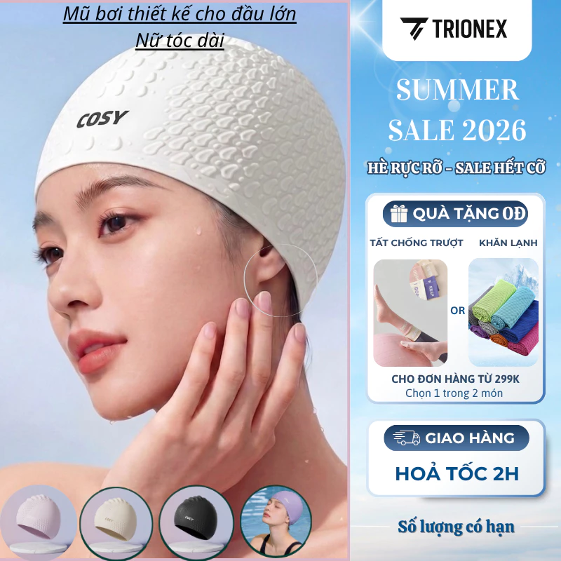 Mũ Bơi Silicon Co Giãn Cao Cấp COSY [K247] - Nón Bơi Nữ Tóc Dài Hình Giọt Nước Chống Nước, Bảo Vệ Da Đầu