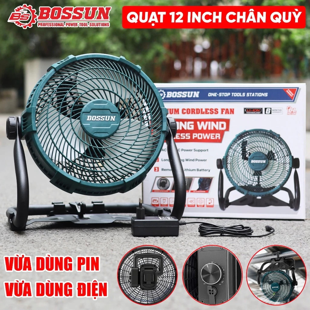 Quạt pin Bossun M12B-Q12I 12 inch chân quỳ Lồng quạt 12inch, Cò vô cấp chỉnh tốc, Gập lên xuống 360 độ, Có móc