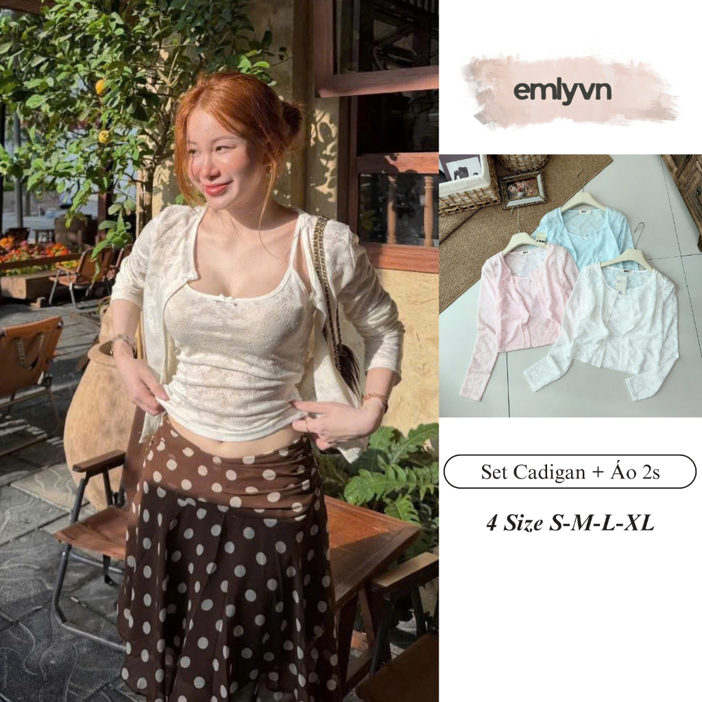Set Áo 2 Dây Ren Hoa Kèm Cardigan Nữ EMLYVN Mỏng Nhẹ Tiểu Thư Hàn Quốc, Set Áo…
