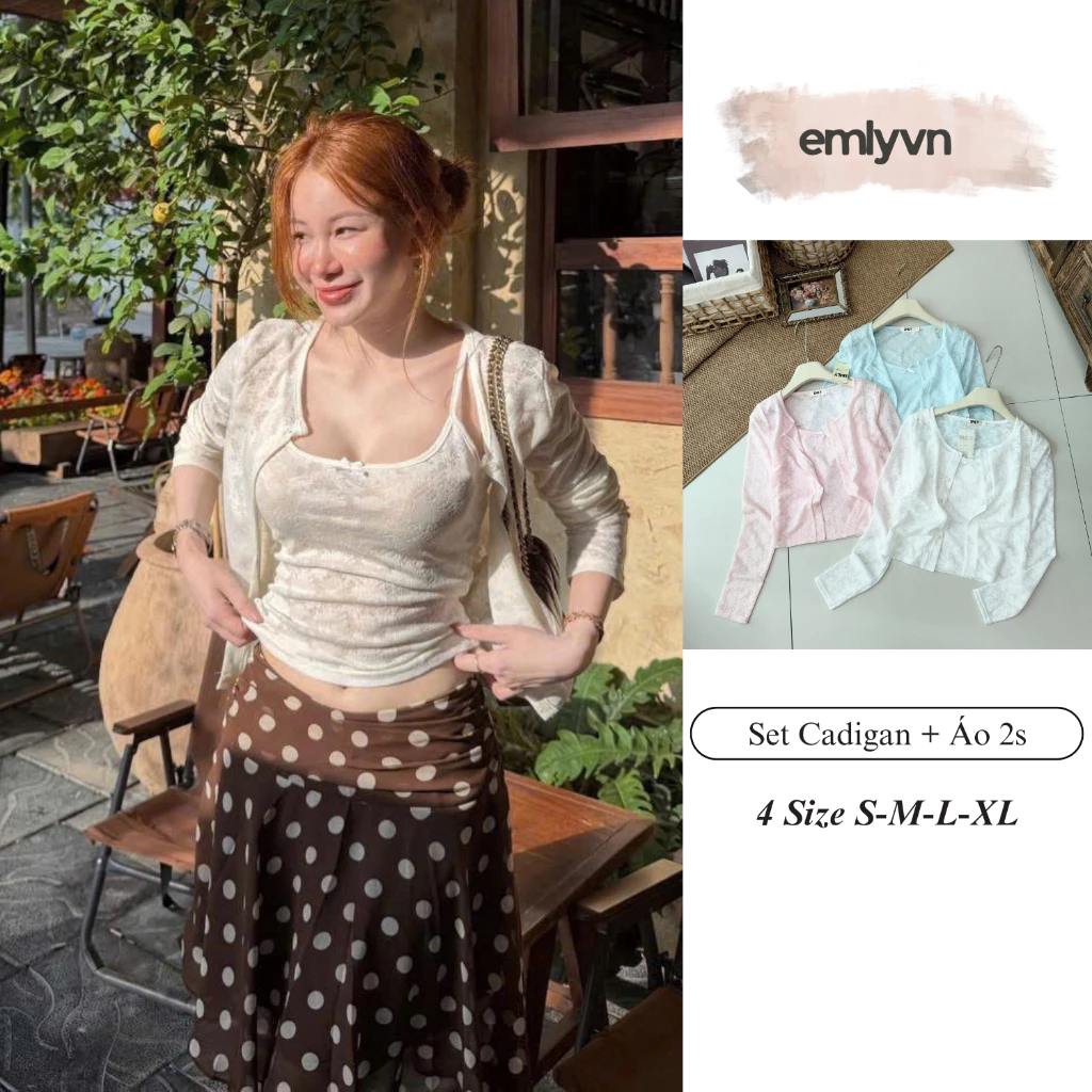 EMLY- Set Áo 2 Dây Ren Hoa Kèm Cardigan Nữ Mỏng Nhẹ Tiểu Thư Hàn Quốc, Set Áo 2 Món Nữ