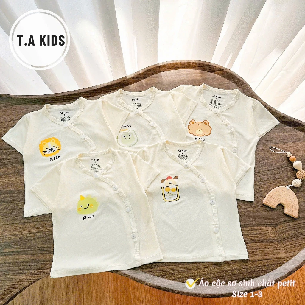[Combo 5 Áo] Áo Cộc Tay Cúc Chéo Sơ Sinh Boonhouse Nền Kem Thấm Hút Mồ Hôi Cho Bé Trai Bé Gái 3-9kg