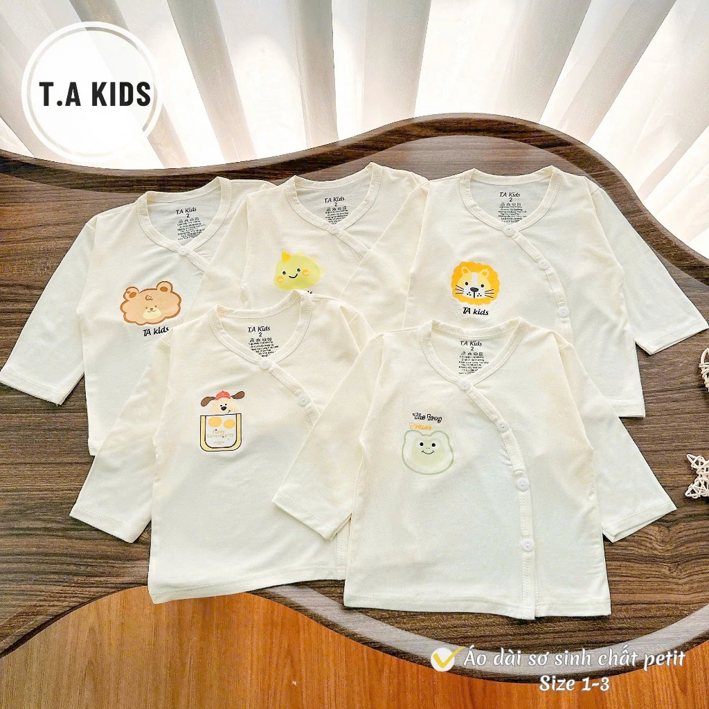 [Combo 5 Áo] Áo Dài Tay Cúc Chéo Sơ Sinh Boonhouse Nền Kem Vải Peptit Mềm Mịn Cho Sơ Sinh 3-9kg