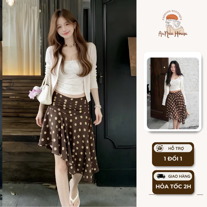 Set 3 Món Áo Ren 2 Dây Mix Áo Khoác Cardigan Và Chân Váy Lửng Chấm Bi Voan Nâu Tà Chéo Đi Biển