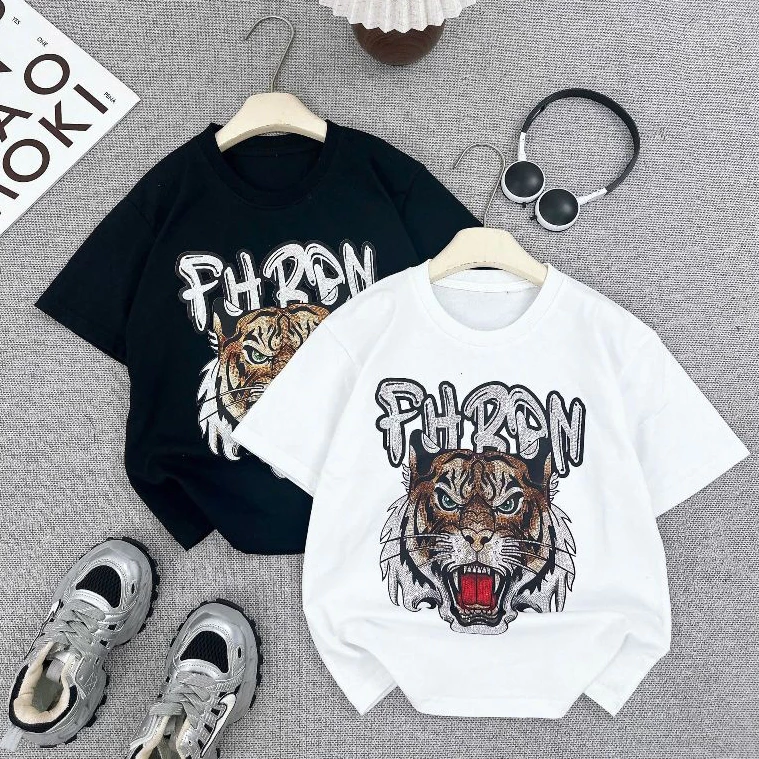 Áo Thun Cộc Tay Bé Trai Hình Hổ Ngầu Fom To Cotton Dễ Mặc Size 4 Tuổi Đến 12 Tuổi------