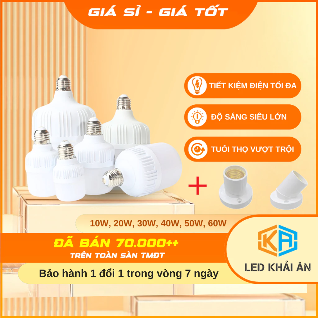 [Kèm đuôi gắn tường] Bóng Đèn Led Trụ 10W, 20W, 30W, 40W, 50W, 65W, Tiết Kiệm Điện 90%, Bóng Đèn Led Siêu Sáng Khải Ân