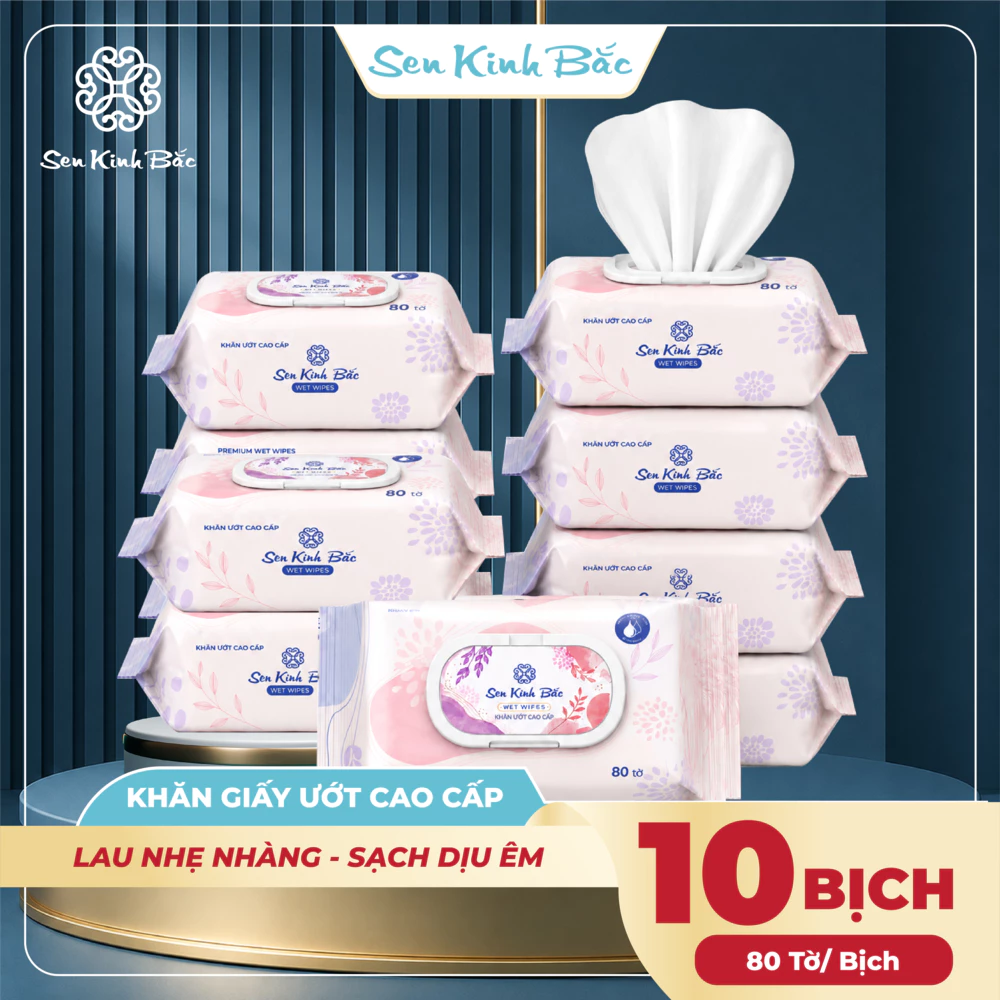 [ COMBO 10 BỊCH ] Khăn ướt để bàn bịch 80 tờ Sen Kinh Bắc, Khăn Ướt Ẩm Mịn Dai Dày, Không Cồn, Lành Tính, Kháng Khuẩn