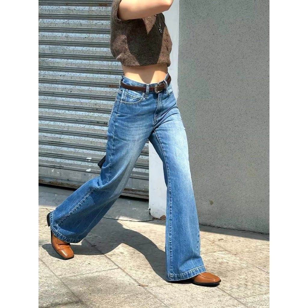 Quần jeans ống rộng Hees cá tính, quần bò nữ dáng suông xanh cao cấp thời trang A Nam