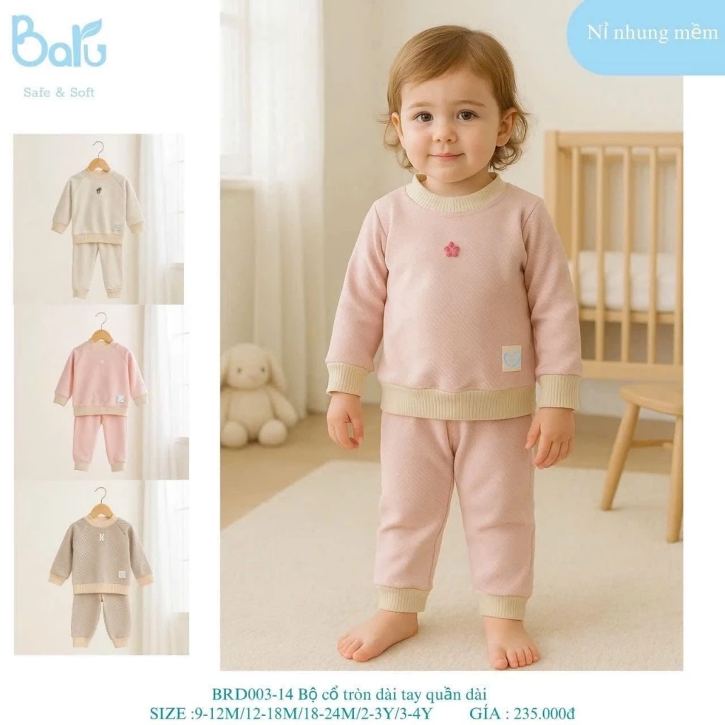 [Baru/Chính Hãng] Bộ quần áo dài tay Baru chất nỉ ấm cho bé trai, bé gái