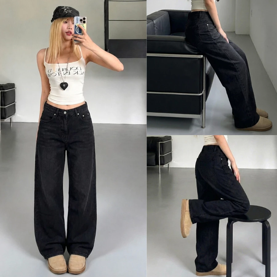 Quần Jean Nữ Ống Suông Cạp Cao Tôn Dáng, Hack Chân Dài, Form Rộng Thời Trang | Size 40–75Kg