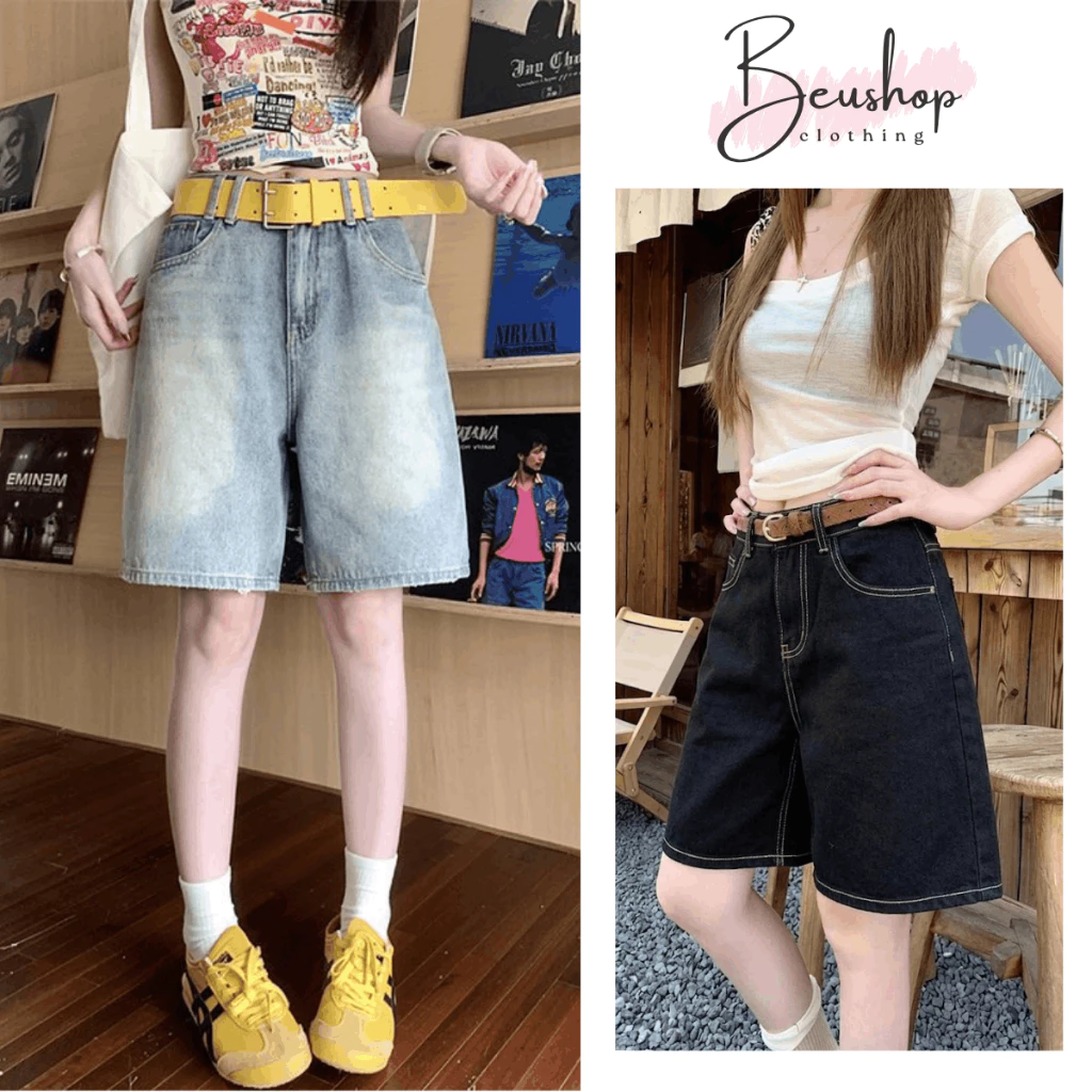 Quần Jean Short Ngố Nữ Ống Suông Rộng Màu WASH RETRO Form Lửng Ngang Gối Phong Cách Cá Tính BEUS