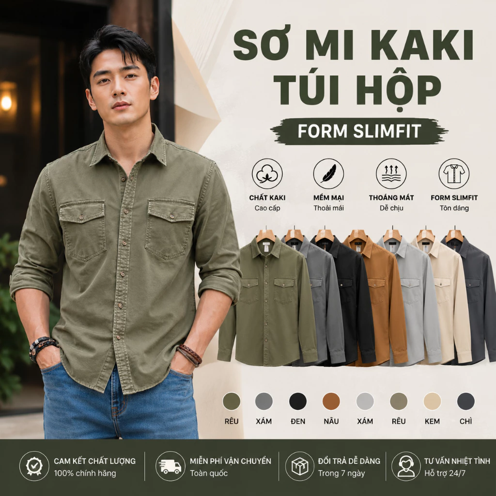 Áo Sơ Mi Nam Kaki 2 Túi Ngực GEN ALPHA Tay Dài Vải Cotton Dày Dặn Form Slimfit Cao Cấp GEN094