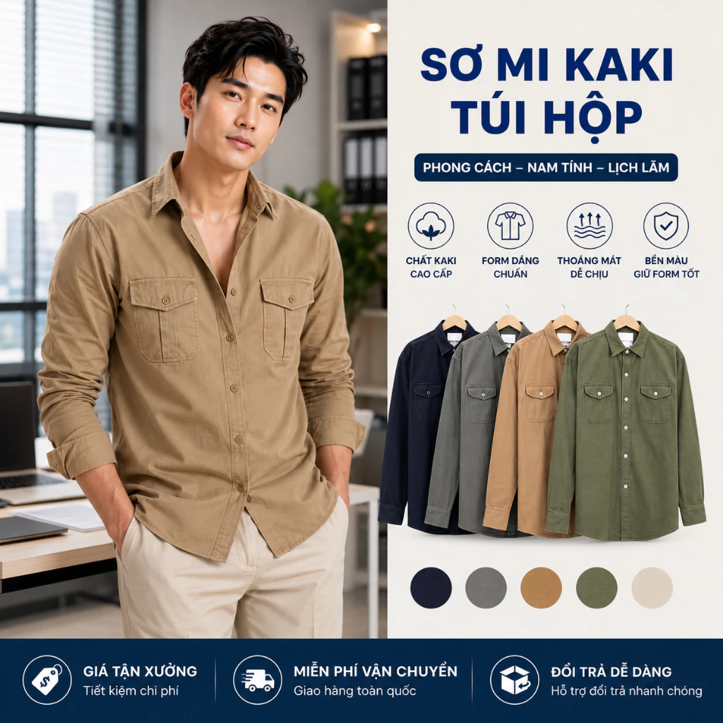 Áo Sơ Mi Kaki Nam Dài Tay Form Rộng GEN ALPHA Cao Cấp - Sơ Mi Kaki 2 Túi Dày Dặn Phong Cách Hàn Quốc