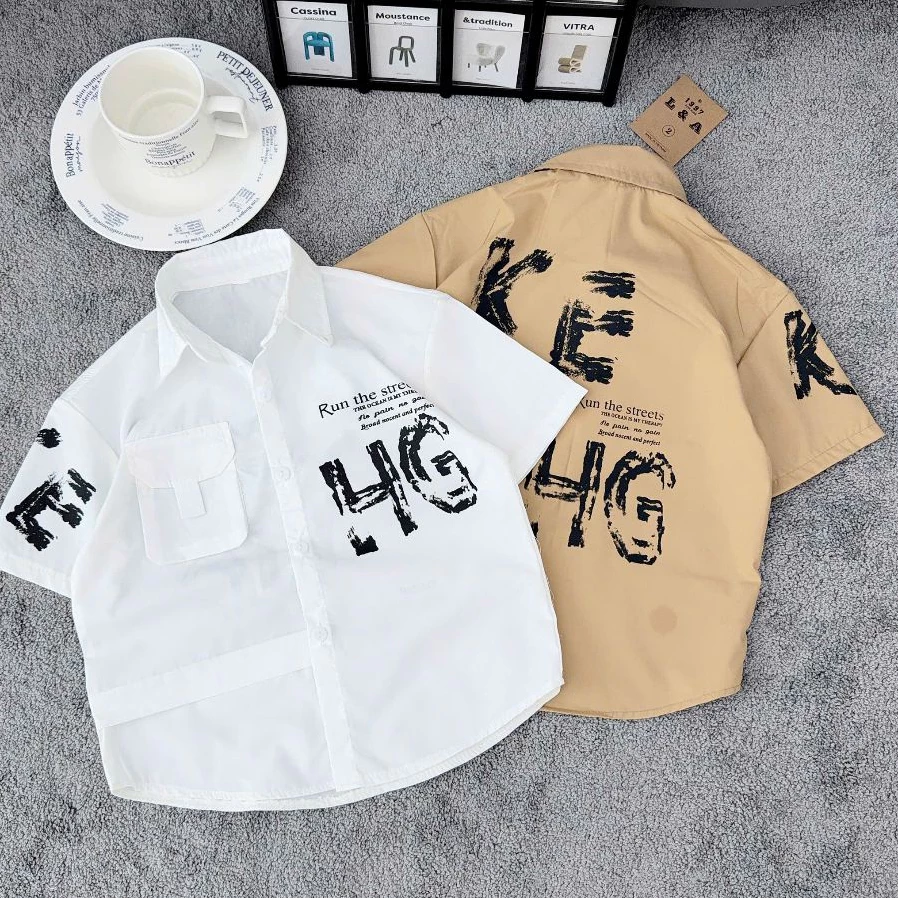 Áo Sơ Mi Bé Trai Cộc Ngầu Streetwear Size Đại 18-60kg Form Rộng Phong Cách Hàn Quốc Mã SM 09----