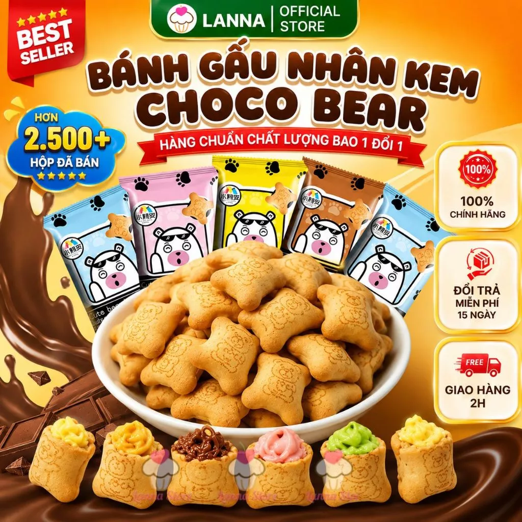 【CHÍNH HÃNG TÚI 1KG】Bánh Quy Gấu Nhân Kem Choco Bear Mix Vị – Giòn Tan, Nhân Kem Thơm Ngon, Ăn Vặt