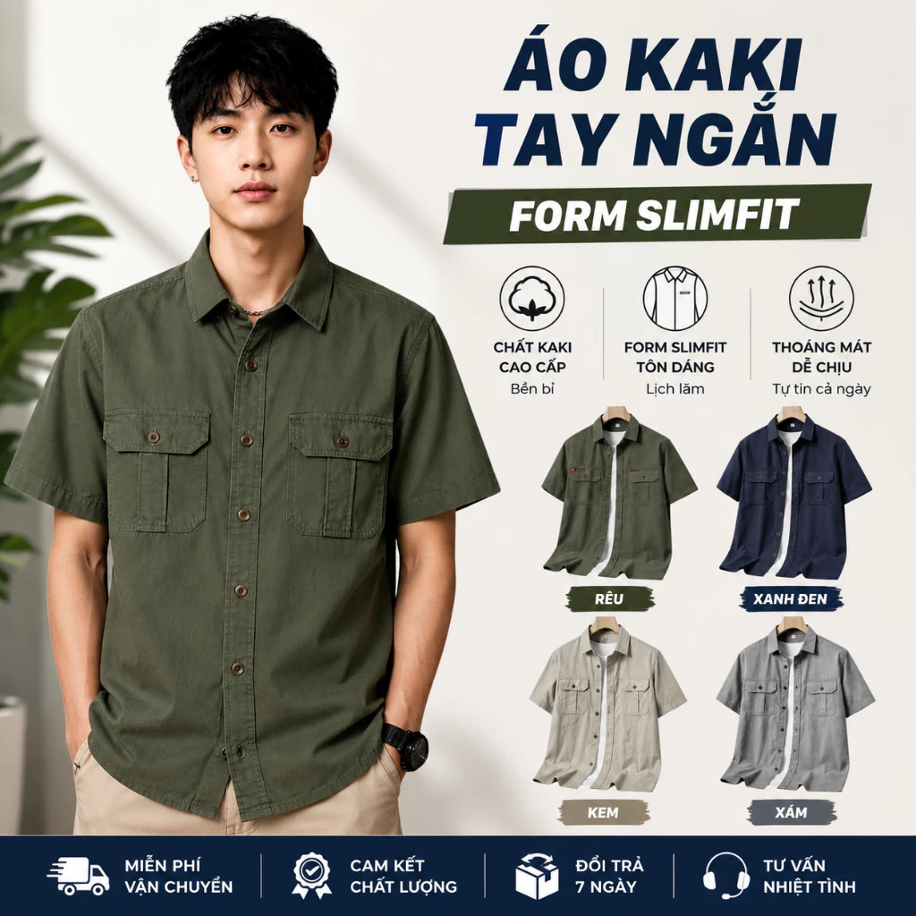 Áo Sơ Mi Kaki Nam Ngắn Tay GEN ALPHA Form Vừa Slimfit 2 Túi Ngực Năng Động - ASM01