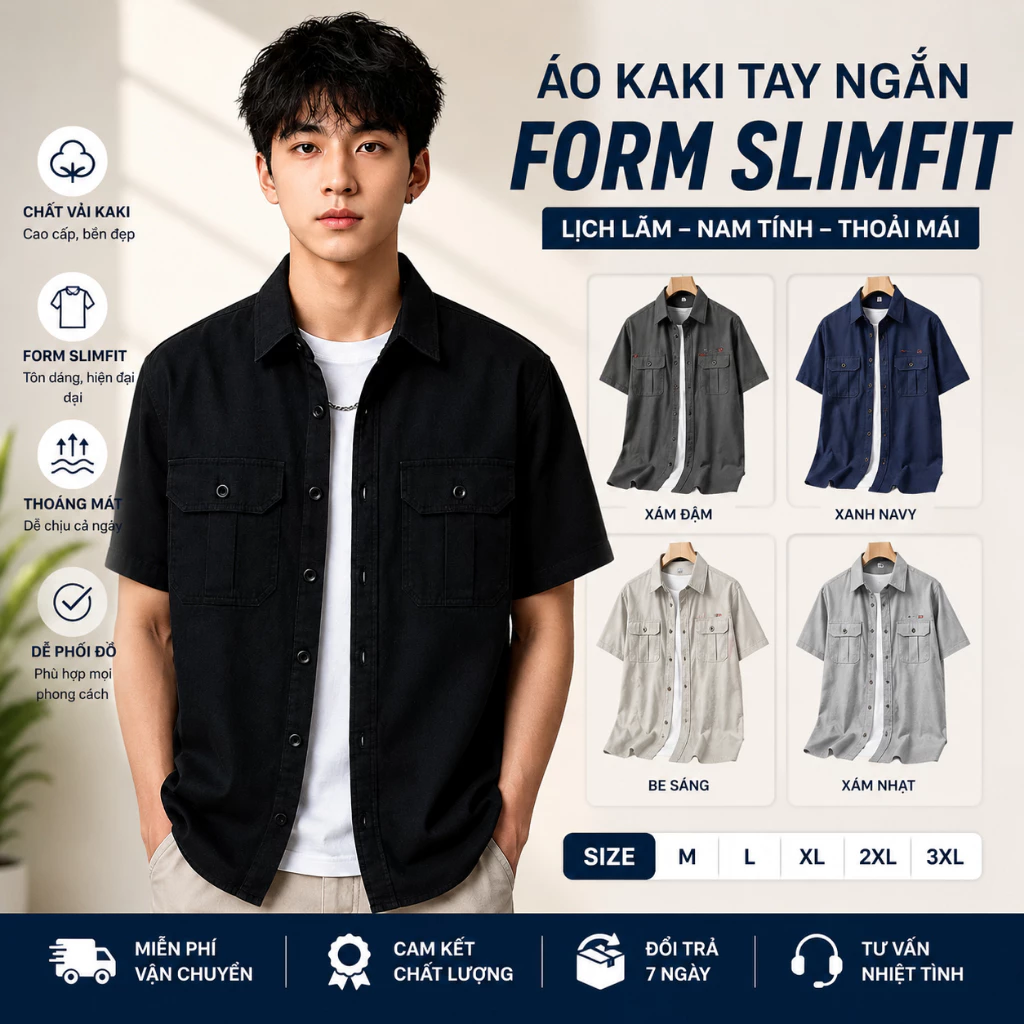 Áo Sơ Mi Nam Tay Ngắn Kaki Túi Hộp GEN ALPHA - Form Slimfit Thoáng Mát, Dày Dặn GEN688