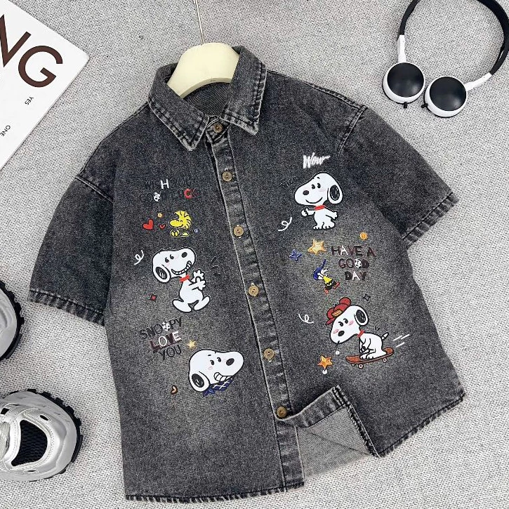 Áo Sơ Mi Cộc Tay Bò Jean Hưng Linh Kids Dành Cho Bé Trai Gái Chất Liệu Bò Jean Mềm Fom Dáng Thoái Mái--------