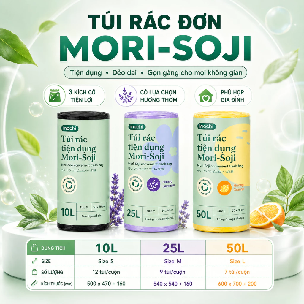Túi rác tiện dụng Inochi - Soji màu Đen và loại có hương thơm size 10L, 25L, 50L