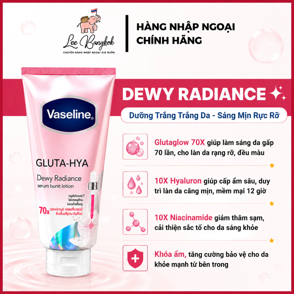 [Made in Thailand] Sữa Dưỡng Thể Trắng Da Vaseline 10x - 70x Hồng Dewy Radiance Gluta Hya Burst Lotion Thái Lan 300ml