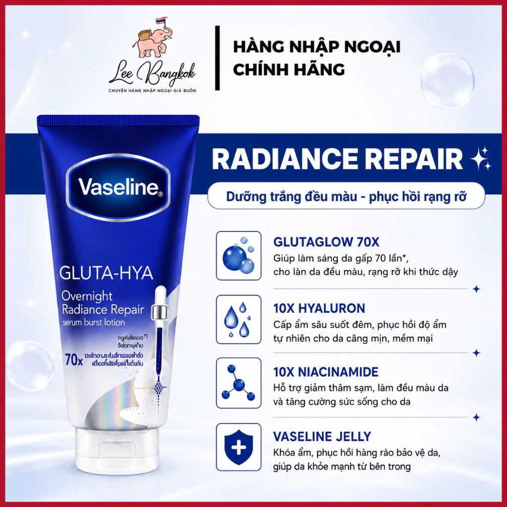 [Made in Thailand] Sữa Dưỡng Thể Trắng Da Vaseline 70x Xanh Hya Gluta Overnice Radiance Repair Serum Burst Lotion 300ml
