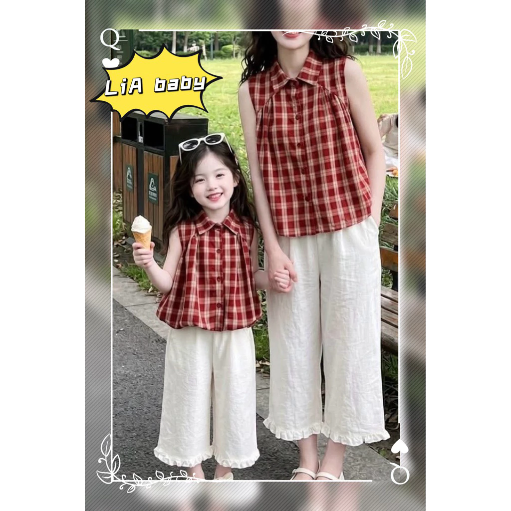 [Đồ Đôi] Set Áo kẻ đỏ cổ đức Mẹ và bé kèm quần xuông phối bèo xinh xắn cho bé gái diện đi học đi chơi (9-30kg)_E4