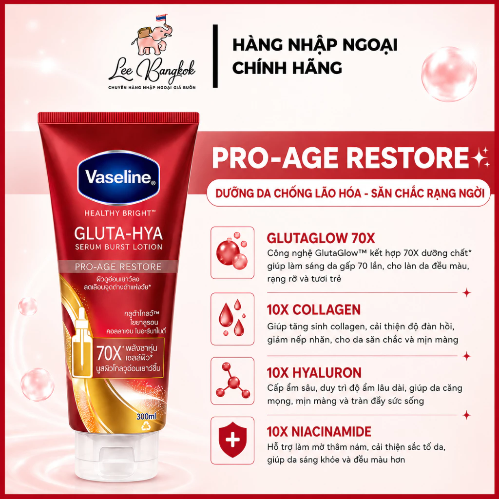 [Made in Thailan] Tuýp Dưỡng Thể Vaseline 70 Đỏ Gluta-Hya Serum Burst Lotion Pro-Age Restore Giảm Lão Hóa, Đồi Mồi 300ml