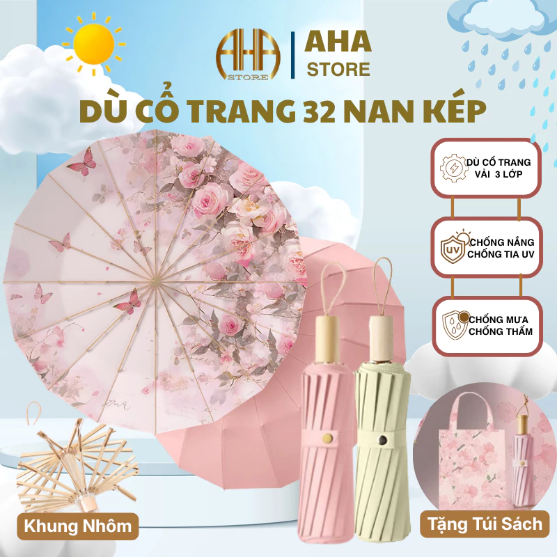 Ô Dù 3 Lớp 2 Mặt Cao Cấp Che Mưa Nắng, Dù Họa Tiết Hoa Cổ Điển Cao Cấp Chống Tia UV