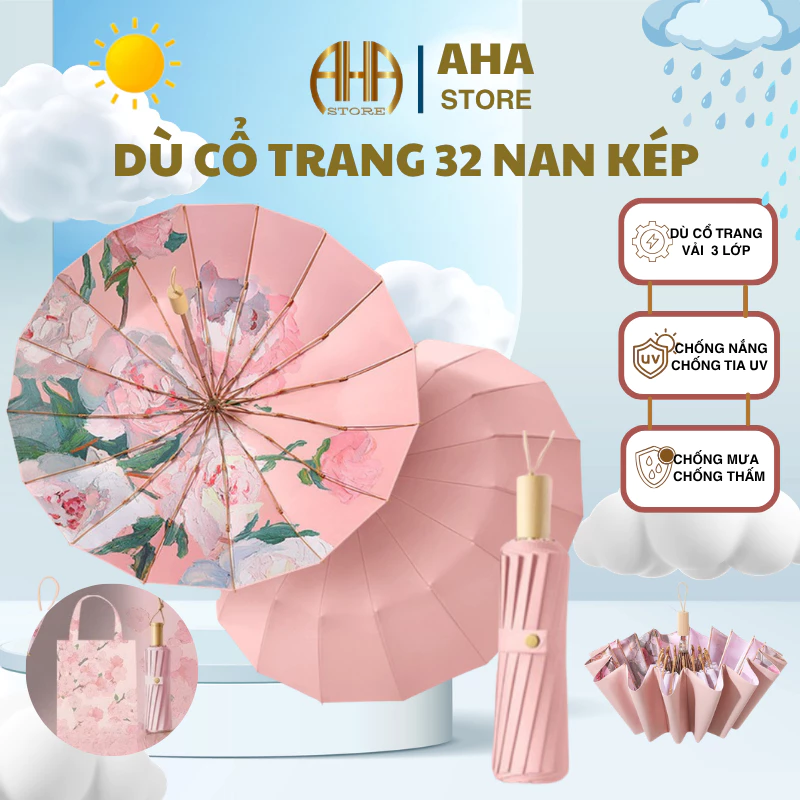 Ô Dù Che Nắng Mưa 16 Nan Đôi Cao Cấp, Dù Che Nắng Mưa Họa Tiết Hoa, Gấp Gọn, 2 Lớp Vải Chống Tia UV