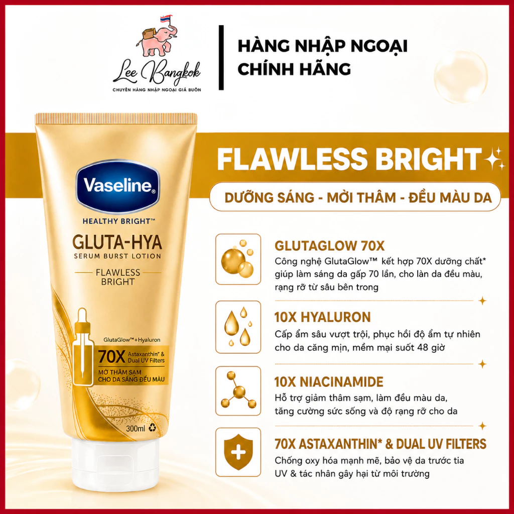 [Made in Thailand] Dưỡng Thể Vaseline 10-70x Vàng Gluta-Hya UV Flawless Bright Chống Nắng Và Dưỡng Trắng Da 300ml
