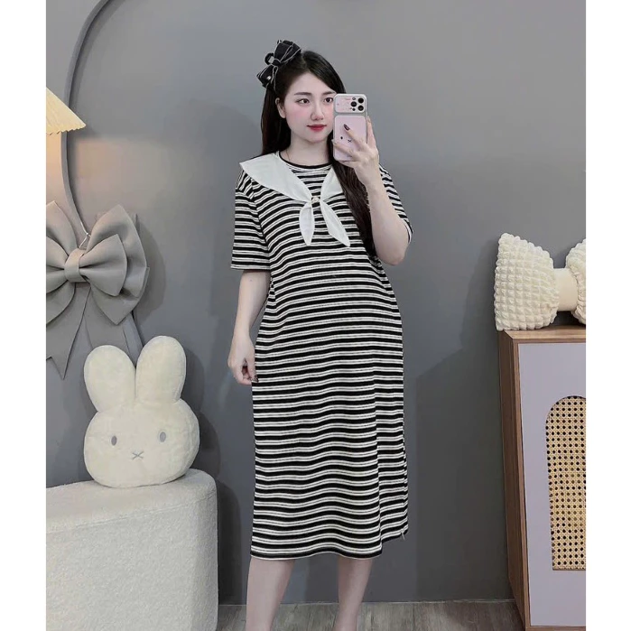 (Đủ size đến 100kg)Váy bầu chất cotton phối cổ 3 màu cực xinh