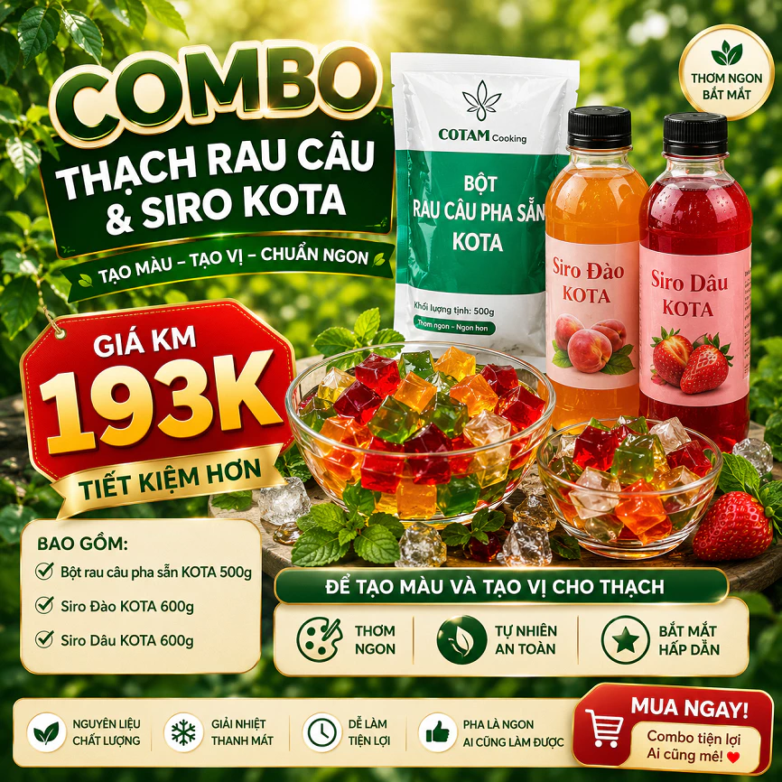 COMBO Thạch Rau Câu 500G + 600G Syrup Đào + 600G Syrup Râu (COMBO Tạo Mầu + Vị)