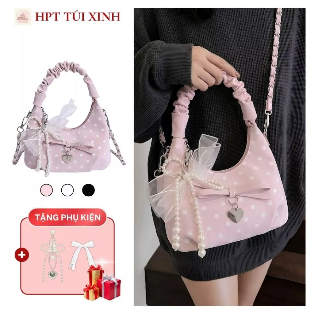 𝐂𝐓𝟎𝟎𝟓 - Túi xách nữ cầm tay đeo chéo màu pastel họa tiết chấm bi tặng kèm charm và dây đeo chéo style Hàn Quốc
