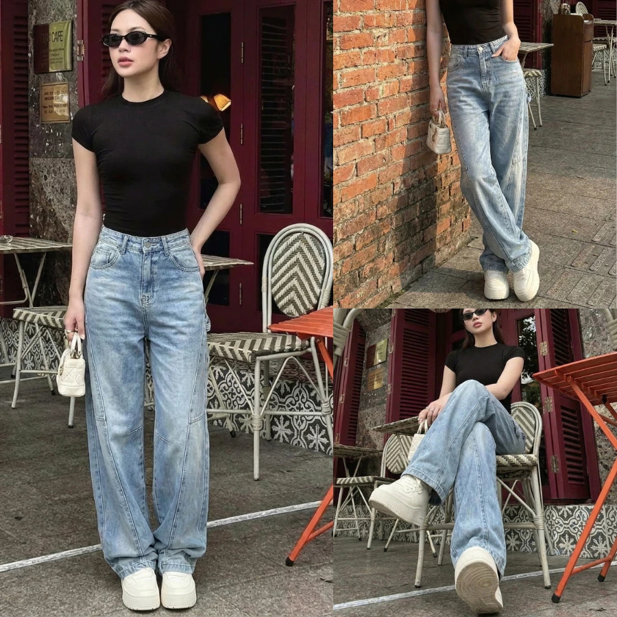 Quần Jean Nữ Ống Suông Jean Kiểu Basic, Cạp Cao Hack Dáng | Size 40–75Kg