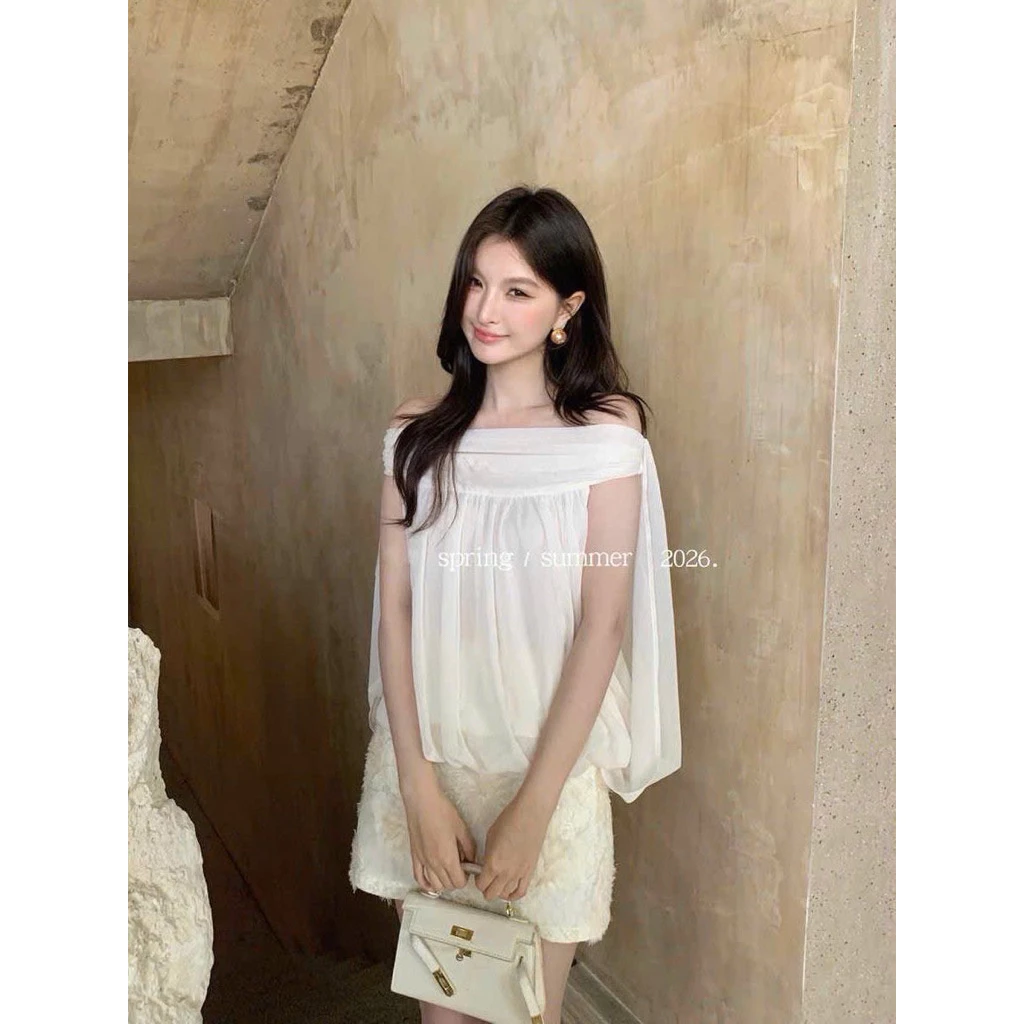 𝐘𝐮𝐫𝐢.𝐬𝐭𝐨𝐫𝐞 Áo Trễ Vai Ren Trơn Basic Điệu Đà Dễ Mix