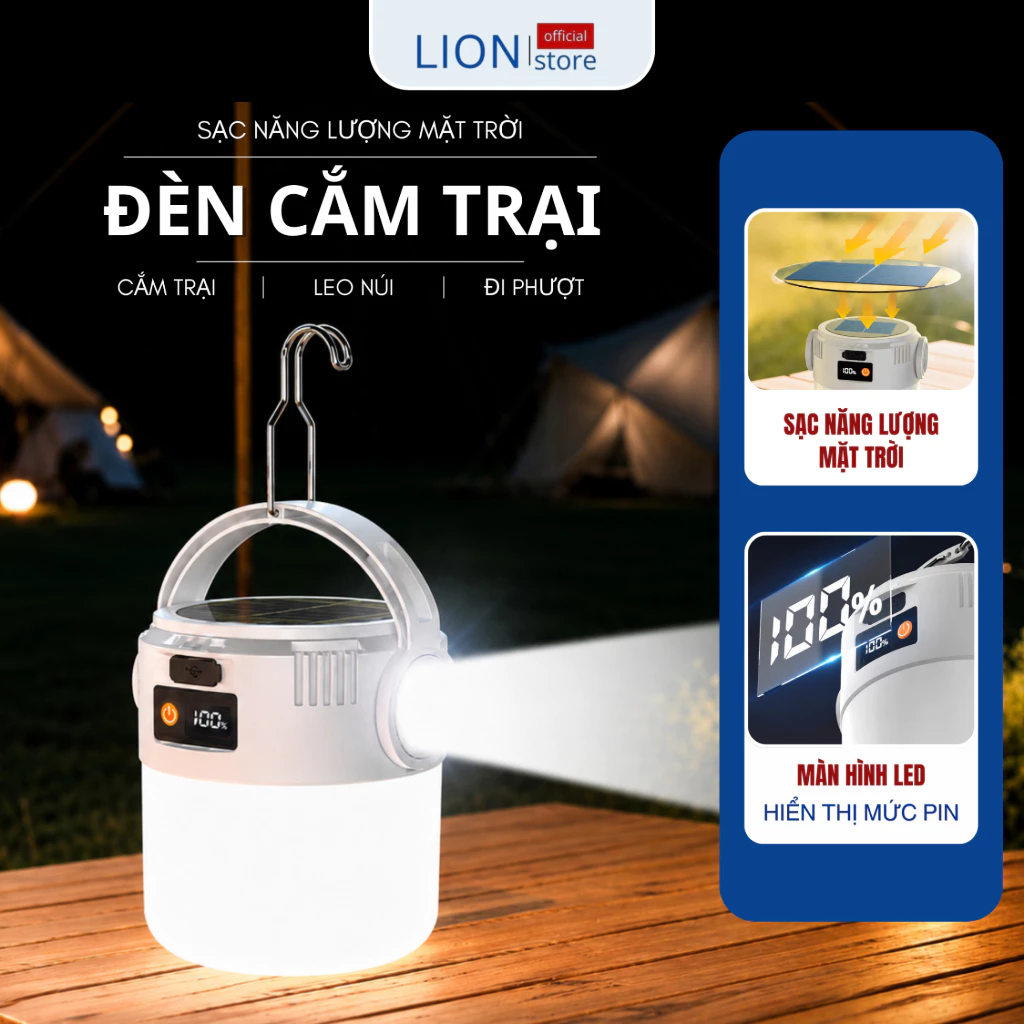 [𝐠𝐢𝐚𝐝𝐮𝐧𝐠𝐋𝐈𝐎𝐍] Đèn Cắm Trại Năng Lượng Mặt Trời LED COB Siêu Sáng Sạc Type-C Đèn Pin Cầm Tay Màn Hình LCD Chống Nước