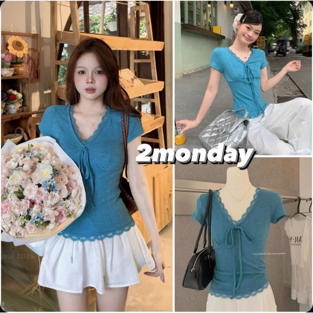 [HÀNG LOẠI 1/ SẴN] ÁO THUN TAY NGẮN CỔ CHỮ V PHỐI REN THẮT NƠ MẶC MÙA HÈ 2MONDAY A226