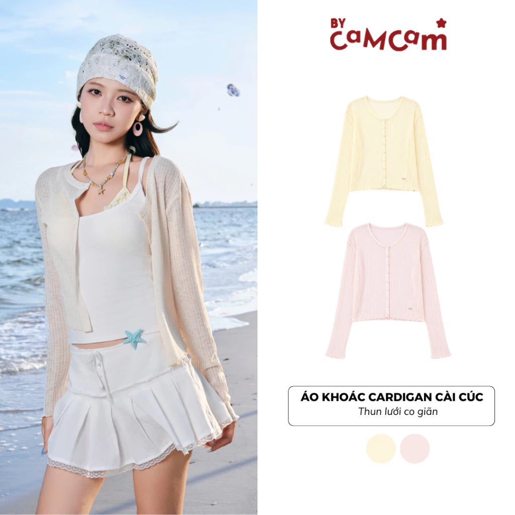 [BST STAY SUMMER] Áo Khoác Cardigan Cài Cúc 𝑩𝒚𝒄𝒂𝒎𝒄𝒂𝒎 Logo Tag Ren Xuyên Thấu Mềm Mại Mùa Hè Nữ Tính AKHD679
