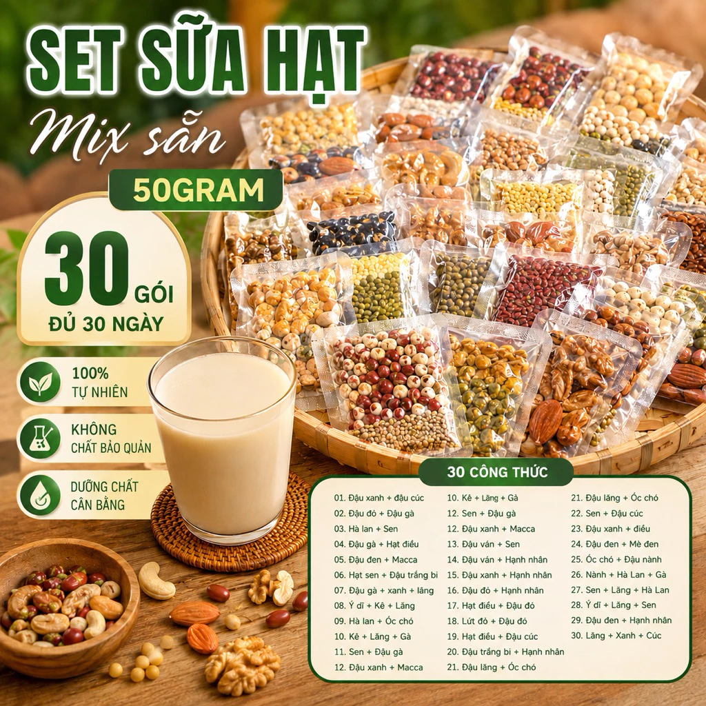(Giúp Giảm Cân) Set hạt dinh dưỡng mix sẵn nấu sữa, nấu cháo. (TẶNG KÈM MUỐI HỒNG)