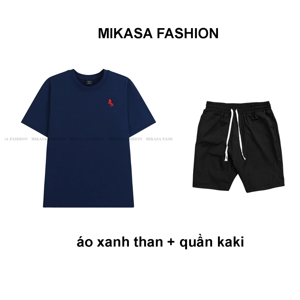 Combo [ bộ cổ tròn cotton ] Bộ Quần Áo Nam MIKASA Áo Cotton Thêu Logo Nổi , Quần Kaki Năng Động