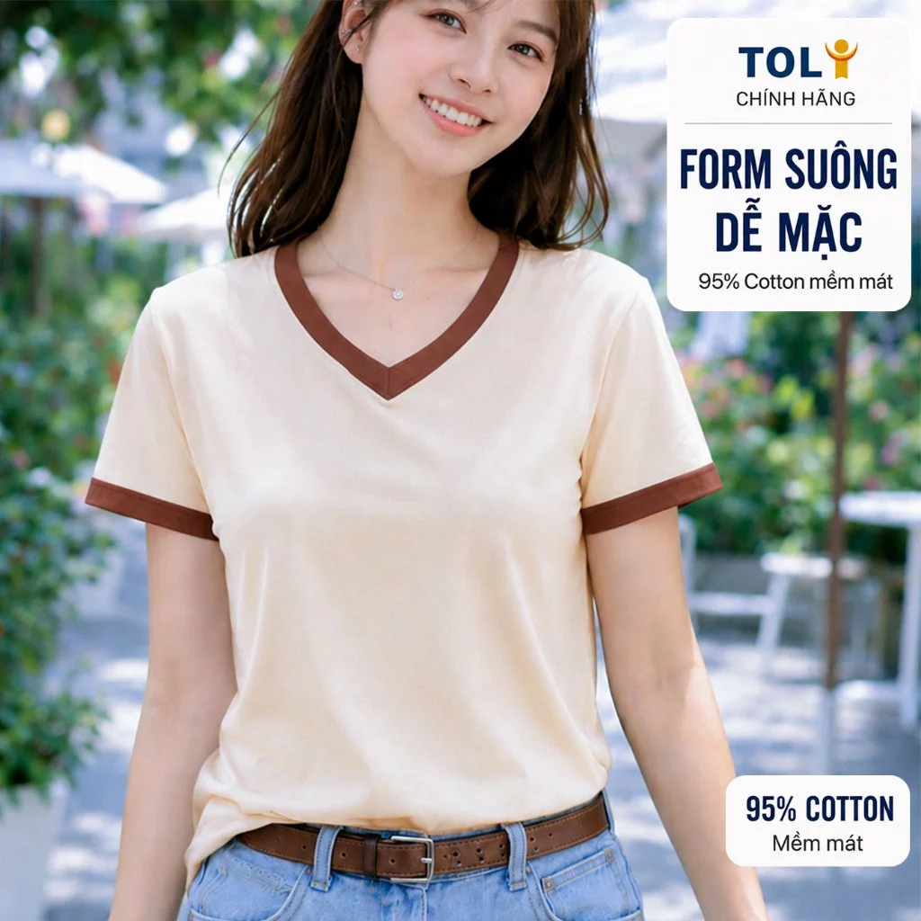 Áo thun nữ cổ Tim phối viền TOLI BSA28 – Cotton mềm, form suông gọn dáng, dễ phối mặc mỗi ngày