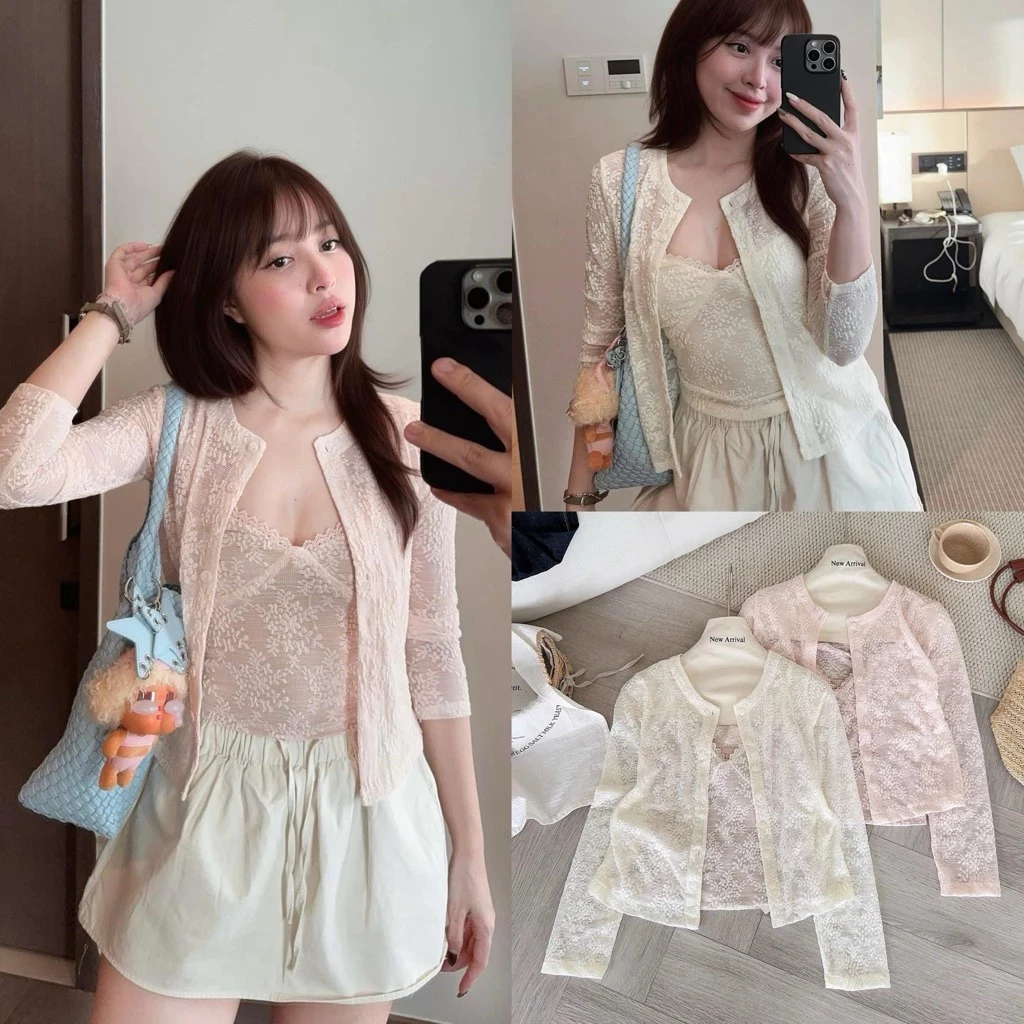 (Hàng sẵn) Set ren hoa nổi 2 món, Áo hai dây ren ngực cổ V sexy kèm áo cardigan LOVELY TOP