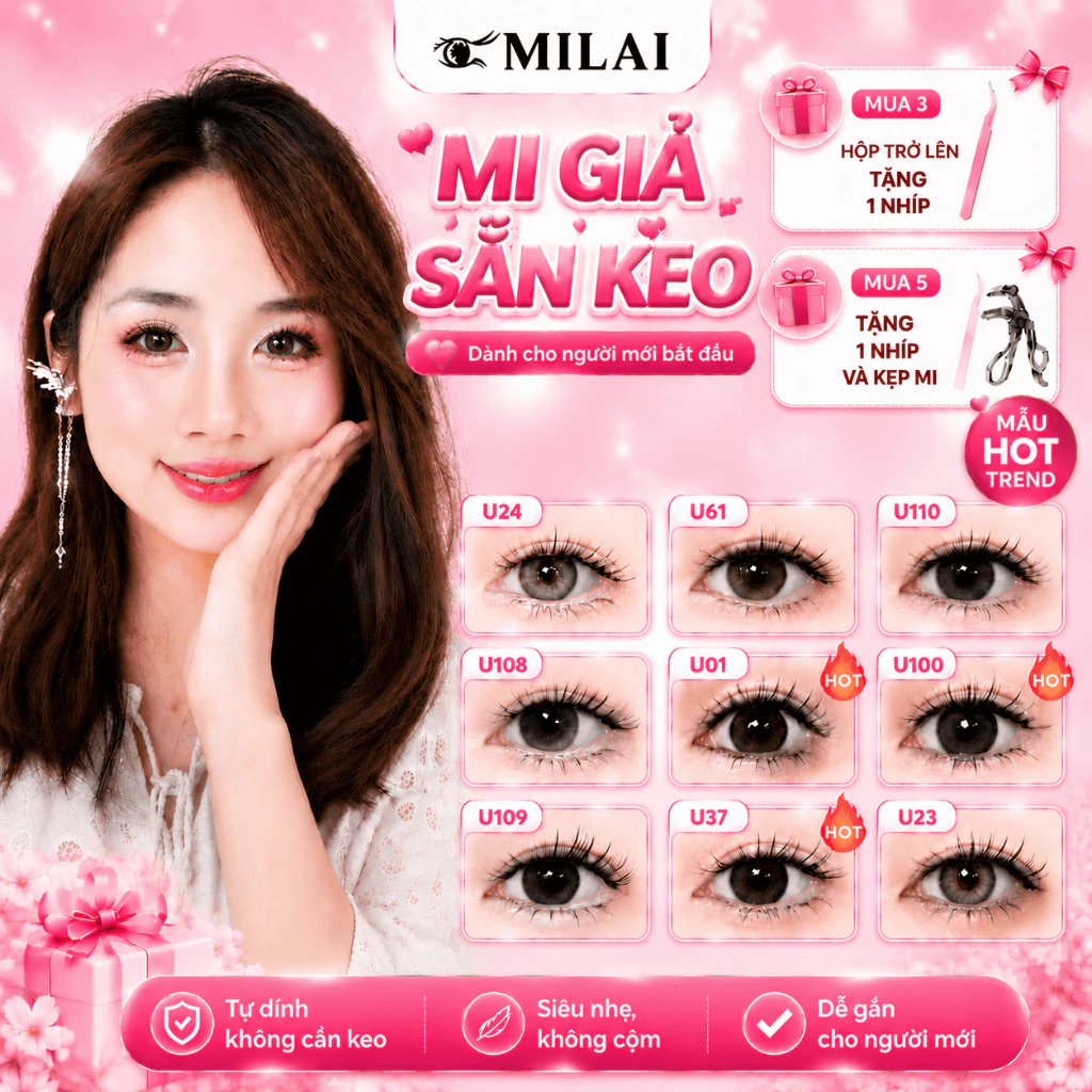 Mi giả sẵn keo MILAI đa dạng kiểu dáng | Mua 3 hộp tặng nhíp, mua 5 hộp tặng nhíp và kẹp mi