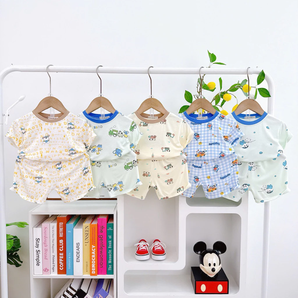 Bộ Cộc Tay Viền Cổ Thun Lạnh Cho Bé Trai Bé Gái, Chất Liệu Thun Lạnh Mềm Mát, Size 7-15kg