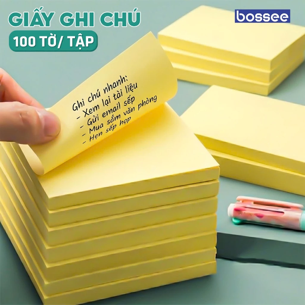 Giấy Ghi Chú Giấy Nhớ Màu Vàng Bossee Khổ 3x2 3x3 3x4 3x5 - Tập 100 Tờ Giấy Note Dán Tiện Lợi Văn Phòng Phẩm