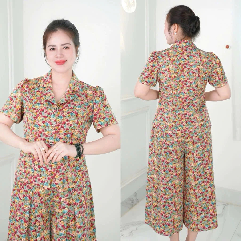 Set đồ kiểu cho các mẹ, quần ống rộng giả váy, chất lụa thoáng mát. Ms138