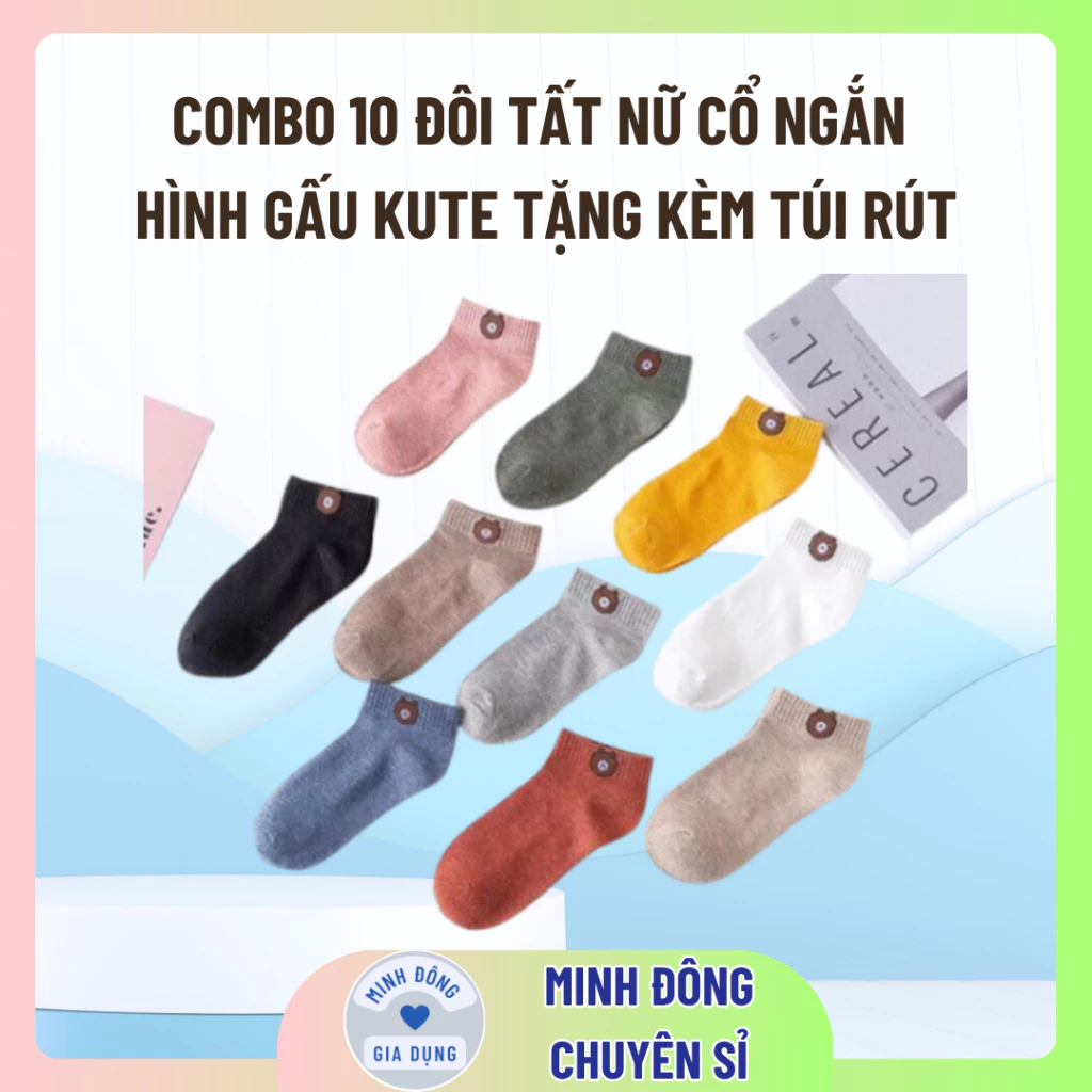 Combo 10 đôi tất nữ cổ ngắn hình gấu kute tặng kèm túi rút