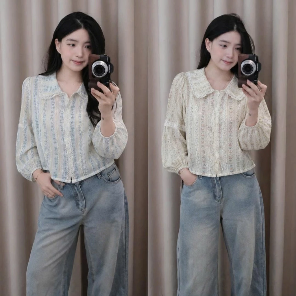 Áo Sơ Mi Nữ Tay Bồng Chất Thô Boi Hoa Dáng Croptop Viền Ren Vintage Thanh Lịch 247Store A1620