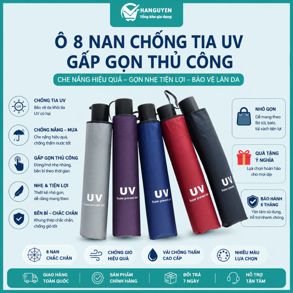 Ô 8 nan che nắng mưa chống tia UV, gấp gọn tiện lợi mang theo khi đi làm đi học