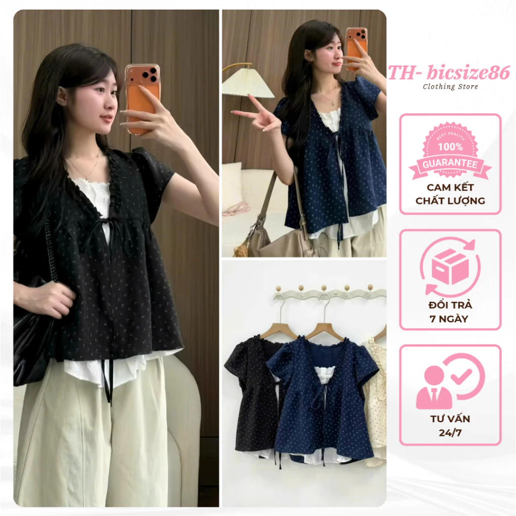 Áo kiểu nữ dáng babydoll 2 lớp họa tiết hoa nhí thắt nơ dễ thương dễ phối