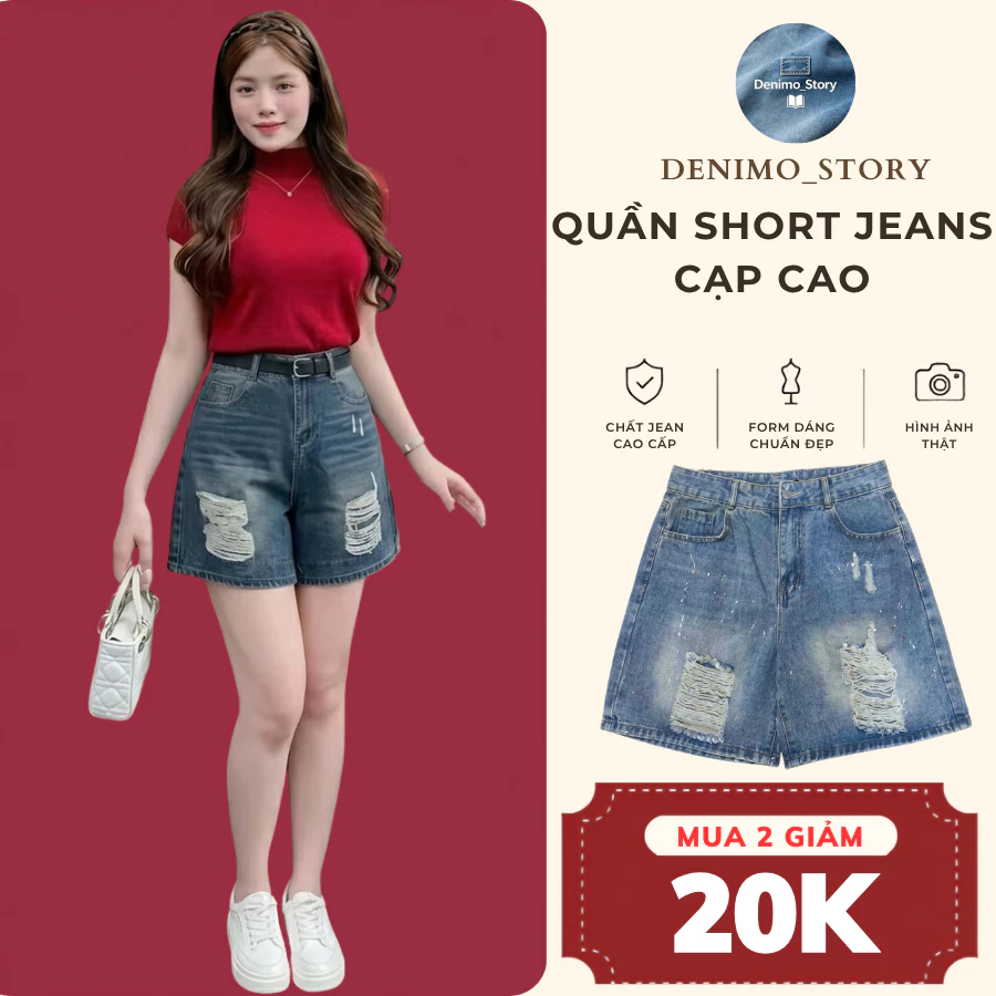 Quần short jean nữ cạp cao Denimo, quần short nữ rách phong cách cá tính, thiết kế thêu chữ Wang